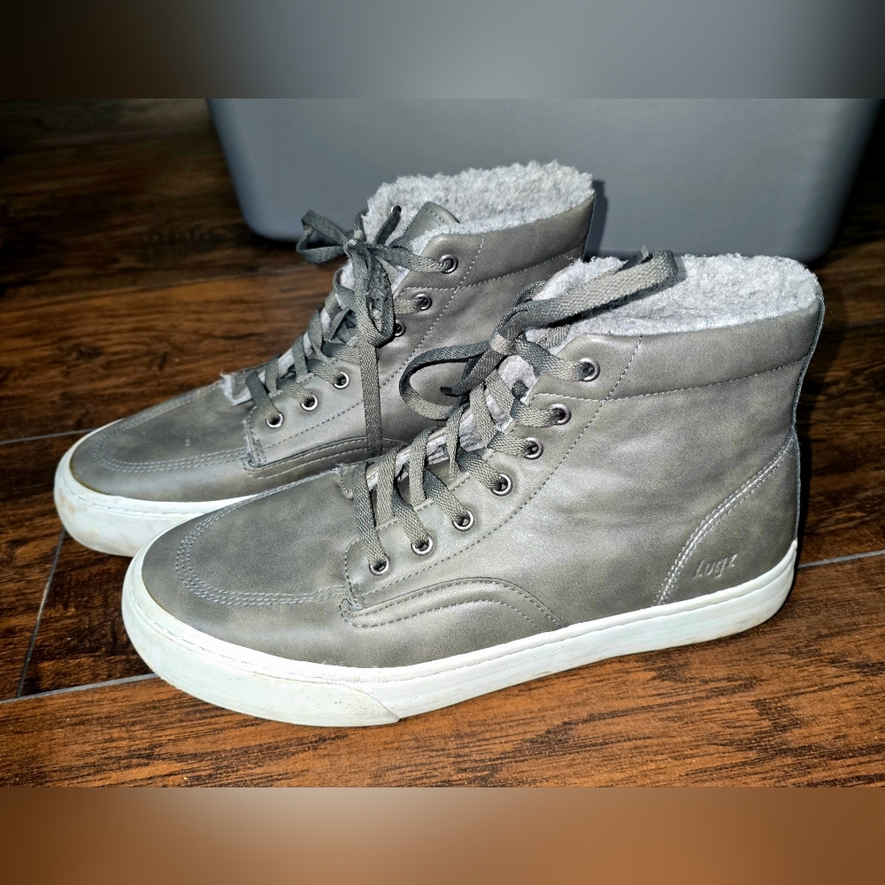 Gray High-Top Sneakers with White Soles